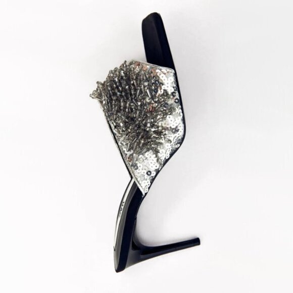 NWT Zara black, grey & silver beaded strap heeled sandals - Picture 9 of 16